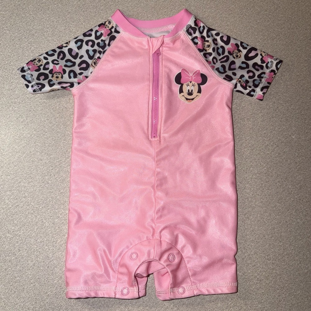 Disney‎ Baby Minnie Mouse Rash Guard Swim Suit 12M Pink Cheetah Animal Print